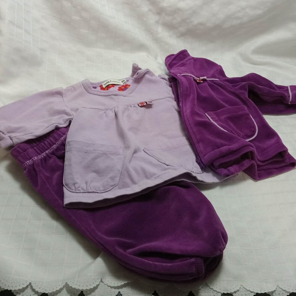 Soft and cute baby girl's velour outfit set in purple and lavender, 2005